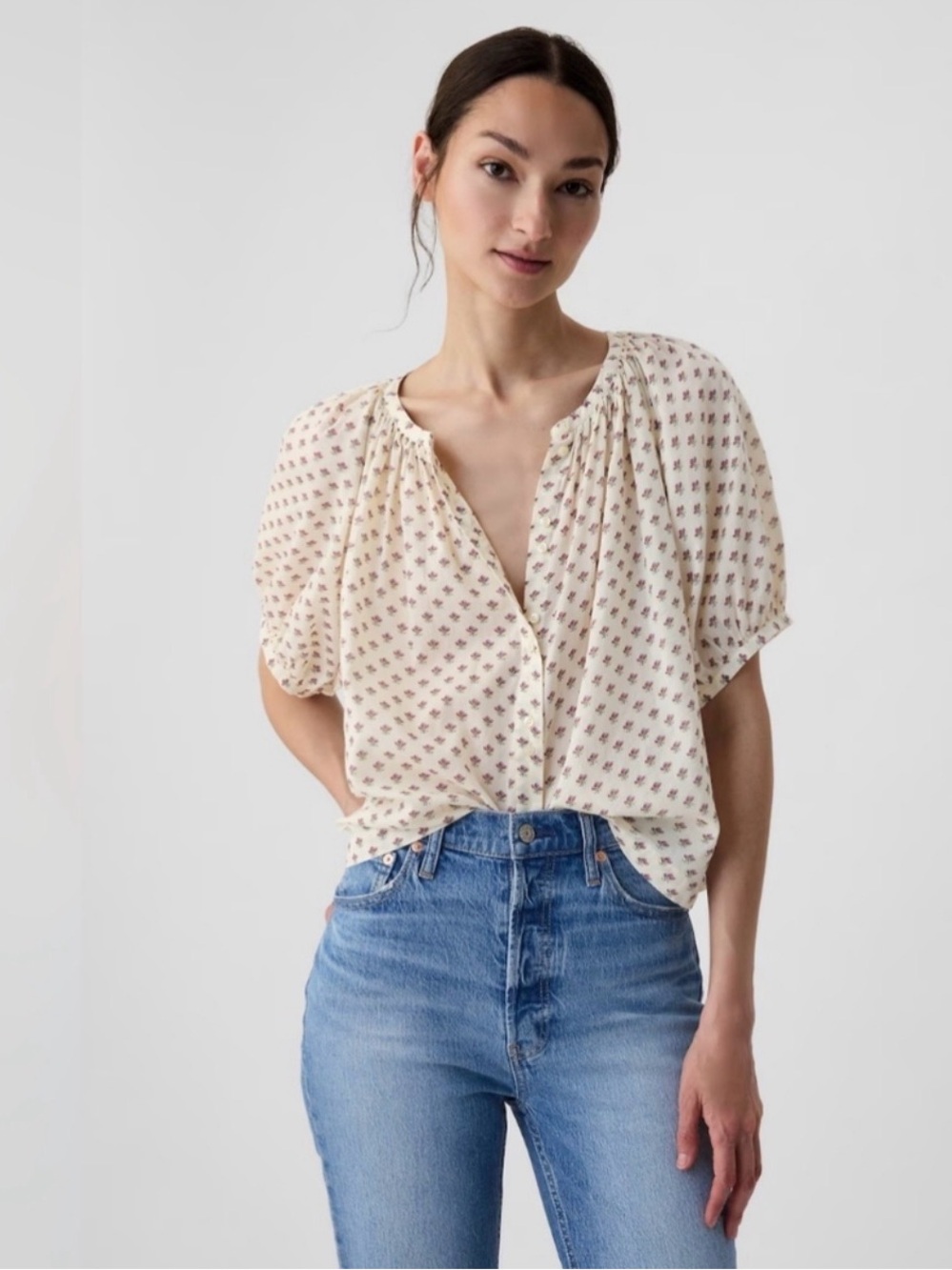 Gap x DOEN Cream Floral Puff-Sleeve Blouse size M